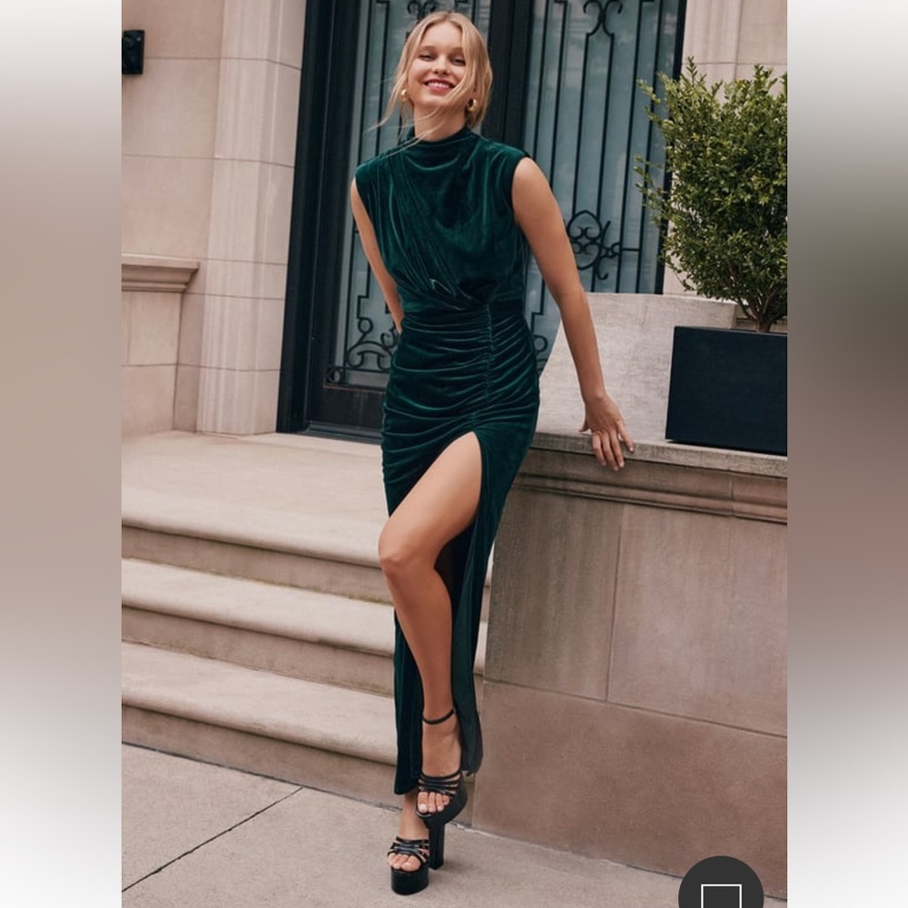 Alluring Image Emerald Ruched Velvet Mock Neck Maxi Dress - Lulus